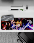 32x12 inches anime mouse pad with red sparks and blue lightning, smoky shadows, loud fast vibe.