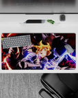 Anime mouse pad 32x16 inches with red sparks, blue lightning, smoky shadows, and high-energy grit.