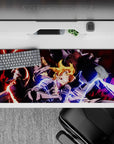 36x16 inches anime desk pad with red sparks and blue lightning, smoky shadows, loud high-energy vibe.