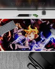Anime desk pad 40x20 inches in red sparks and blue lightning, smoky shadows, loud fast battle mood.