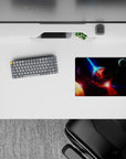 Cinematic 14x10 inches mouse pad in inky black with violet dust and electric blue streaks, fiery glow accents.