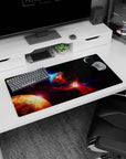 Molten planet cracking with fiery red-orange lava on a space mouse pad 32x16 inches, with a corner moon.