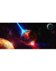 Galaxy desk pad 36x16 inches with nebula sky, cracked molten planet, and small moon in corner.