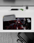 28x12 inches gothic anime desk mat in crimson red, smoky black, and silver hair with skull backdrop.