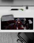 Gothic crimson anime desk mat 32x12 inches in smoky black and silver with skull backdrop, dramatic vibe.