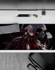 36x16 inches gothic anime desk pad in crimson red, smoky black, and silver, with skull backdrop mood.