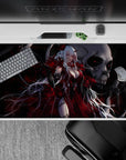 Gothic-crimson anime desk pad 40x20 inches in smoky black and silver tones with skull backdrop.