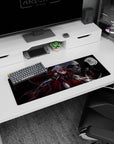 White-haired horned anime demon queen on 32x12 inches mouse pad, blood-red gown and roses before a skull.