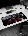 White-haired horned anime demon girl in flowing blood-red dress on 32x16 inches mouse pad.