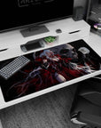 White-haired horned anime demon queen in blood-red gown on desk pad 40x20 inches, skull behind her.