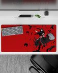 32x16 inches mouse pad showcasing Itachi with crows, set against a red backdrop, perfect for fans of Naruto's enigmatic character.