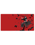 Mouse pad featuring Itachi Uchiha, 32x16 inches, with crows and a red background, embodying his dark power and mystery.