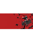 Naruto desk pad, 36x16 inches, featuring Itachi surrounded by crows, with a bold red background for a powerful, minimalist design.