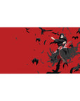 Desk pad featuring Itachi Uchiha, 40x20 inches, with crows and a bold red background, capturing his dark and mysterious nature.