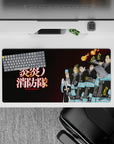 Dark charcoal Fire Force anime mouse pad 32x16 inches with turquoise bands and glowing fiery kanji.