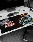Special Fire Force squad in black coats on anime desk pad 40x20 inches, helmets on with glowing kanji.
