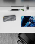 Moody deep-blue anime girl mouse pad 14x10 inches with icy glow, dreamy midnight aquarium vibe.