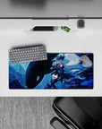 28x12 inches anime desk mouse pad in deep ocean blues with icy glow, bubbles, and soft pink petals.