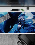 40x20 inches anime girl mouse pad in deep blue, icy glow, bubbles, and dreamy midnight aquarium mood.