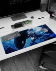 36x16 inches anime girl desk pad showing a dark-dressed girl in wide hat drifting beside a giant orca.