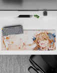 32x12 inches anime girl mouse pad in warm peach and cream tones, soft blush doodles, cozy cute vibe.