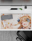 32x16 inches kawaii anime mouse pad in warm peach and cream tones with soft blush doodles, cozy chaos.
