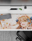 Cozy peach and cream anime desk pad 36x16 inches with soft blush doodles and cute kawaii vibe.