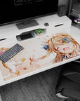 Winking catgirl and cheering kitten scene desk pad 40x20 inches, crisp print with smooth glide surface.
