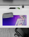 Cute calming purple gradient anime girl mouse pad 28x12 inches with soft violet skies and drifting petals.