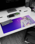 36x16 inches Emilia from Re:ZERO mouse pad scene, shy glance with flowing silver hair across desk.