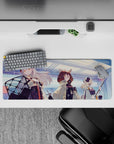 Icy blue and gray anime girl mouse pad 32x12 inches with orange accents and a cool lab glow mood.