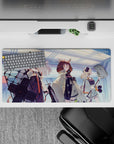 Icy blue and soft gray anime girl mouse pad 32x16 inches with orange accents, cool-lab glow.