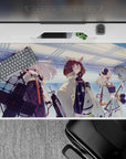 Icy blue and soft gray anime desk pad 40x20 inches with sci-fi glow and orange accent hits.