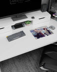 Anime girl mouse pad 14x10 inches featuring silver-haired girl with shield gear and two teammates.
