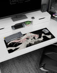 Artistic 32x12 inches mouse pad featuring monochrome-meets-crimson design, with flowing hair, red eyes, and a tattered cloak for a fearless, high-contrast effect.