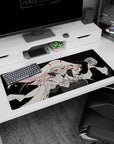 Artistic 36x16 inches mouse pad with monochrome-meets-crimson theme, featuring red eyes, flowing hair, and a tattered cloak for a high-contrast, fearless design.