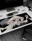 Large 40x20 inches mouse pad featuring a high-contrast monochrome-meets-crimson design, with piercing red eyes and a tattered cloak for bold anime vibes.