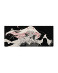 Mouse pad featuring monochrome-meets-crimson anime design, 28x12 inches, with red eyes, flowing hair, and a tattered cloak for a bold, dramatic vibe.