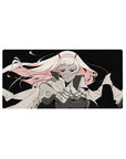 Mouse pad featuring monochrome-meets-crimson anime design, 32x16 inches, with red eyes and flowing hair for a dramatic, bold contrast effect.