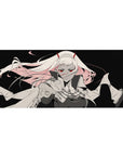 Mouse pad featuring monochrome-meets-crimson anime design, 36x16 inches, with red eyes, flowing hair, and a tattered cloak for intense contrast and impact.