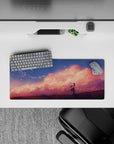 28x12 inches dreamy pink-peach haze and deep violet tones anime girl mouse pad, calm romantic mood.