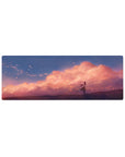 32x12 inches anime girl mouse pad with sunset clouds, glowing sparks, and violet grass desk mat.