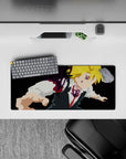 28x12 inches anime mouse pad in deep black and bright blond, violet demon glow, high-energy vibe.