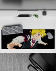 32x12 inches anime desk mat in deep black with bright blond hair, crisp white shirt, and violet demon glow.