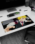 32x16 inches anime mouse pad showing Meliodas mid-lunge, demon markings over eye and chest, purple ink aura.