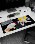 36x16 inches anime desk pad showing Meliodas lunging forward, white shirt and vest, purple ink aura.