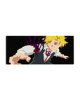 28x12 inches anime mouse pad with Meliodas mid-lunge on black, violet markings, purple aura splash.