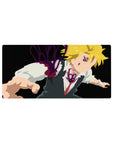 32x16 inches anime mouse pad with Meliodas lunging forward on a black background with purple aura accents.