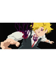 36x16 inches anime desk pad with Meliodas mid-lunge, black backdrop, demon marks, purple aura splash.