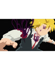 40x20 inches anime desk pad with Meliodas mid-lunge on black backdrop, purple aura and demon marks.